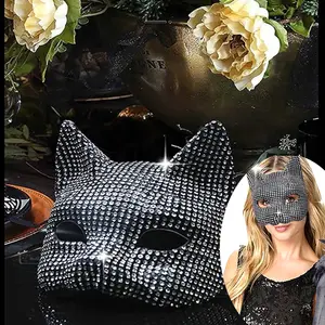 1PC Cat Face Mask Studded Cat Mask Halloween Animal Half Mask Masquerade Role-playing Party
