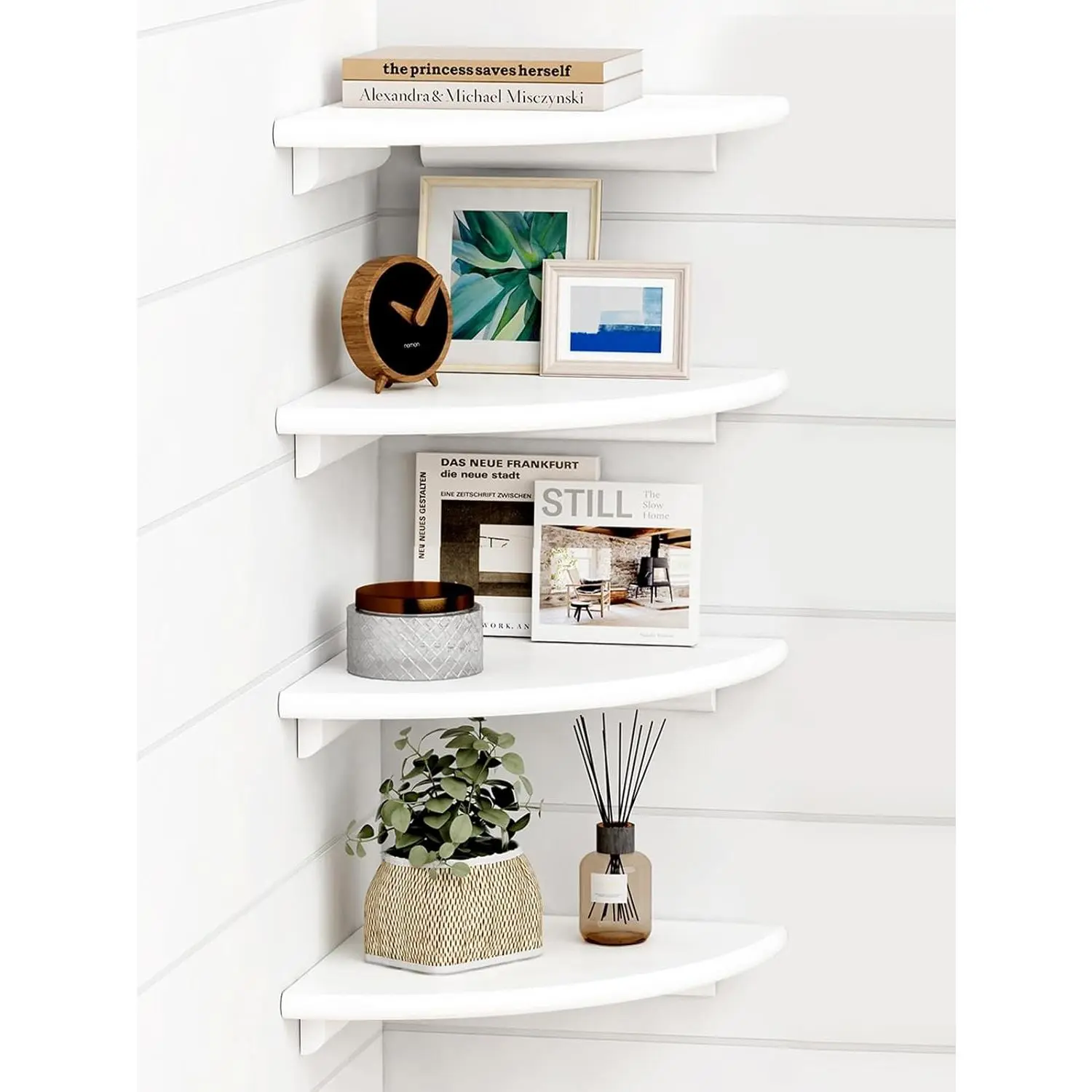 White corner wall-mounted shelves, 4-piece set, rounded corner wall-mounted bookshelf, suitable for children's bedroom book storage, cute wooden hanging corner shelves, suitable for bathroom decoration, living room, small spaces