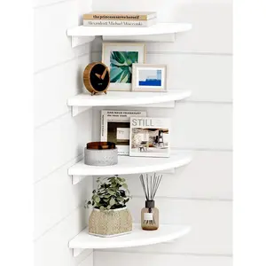 White corner wall-mounted shelves, 4-piece set, rounded corner wall-mounted bookshelf, suitable for children's bedroom book storage, cute wooden hanging corner shelves, suitable for bathroom decoration, living room, small spaces
