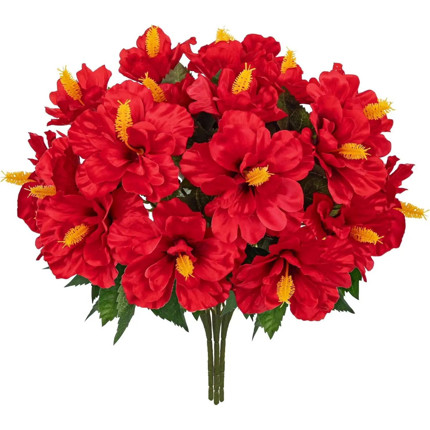 Briful 3 Bundles Artificial Hibiscus Flowers 13in, Short Faux Hibiscus Stems with Full Blooms, Silk Tropical Flowers for Small Vase, Hanging Basket, Centerpiece, Party, Indoor Outdoor Decor, Red