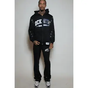 Otik Black Rhinestone Hoodie Baggy Fit Pant Track Set