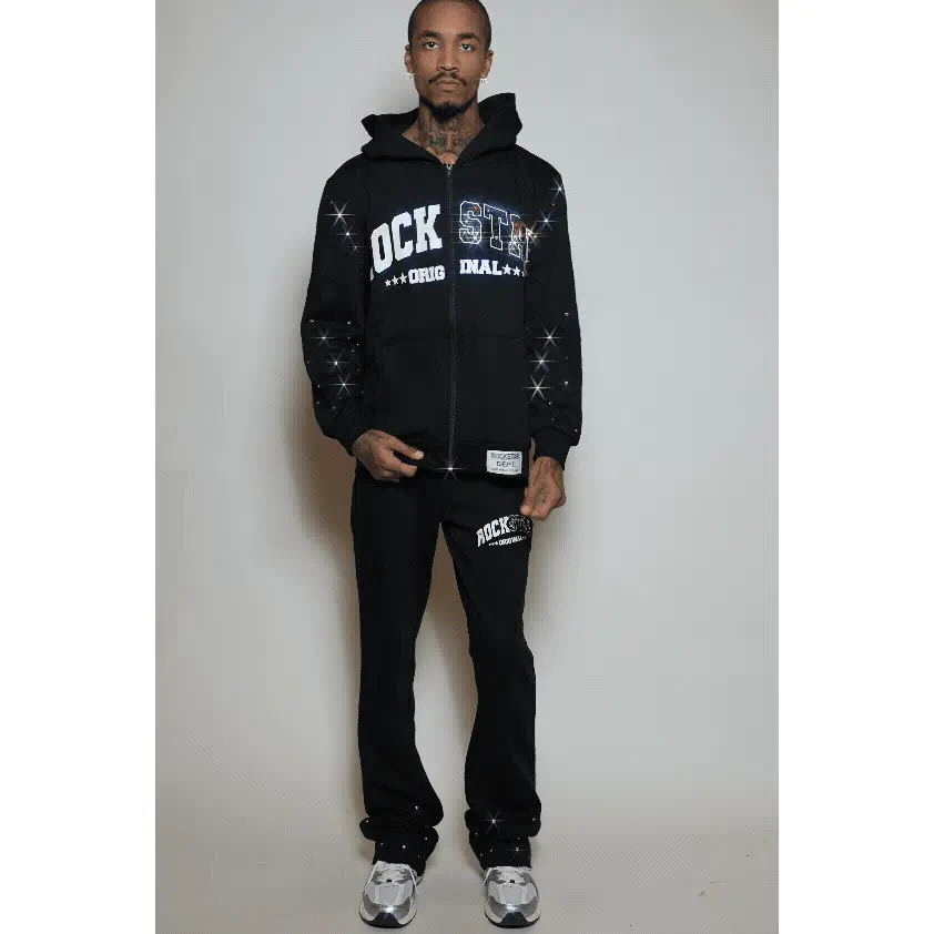 Otik Black Rhinestone Hoodie Baggy Fit Pant Track Set