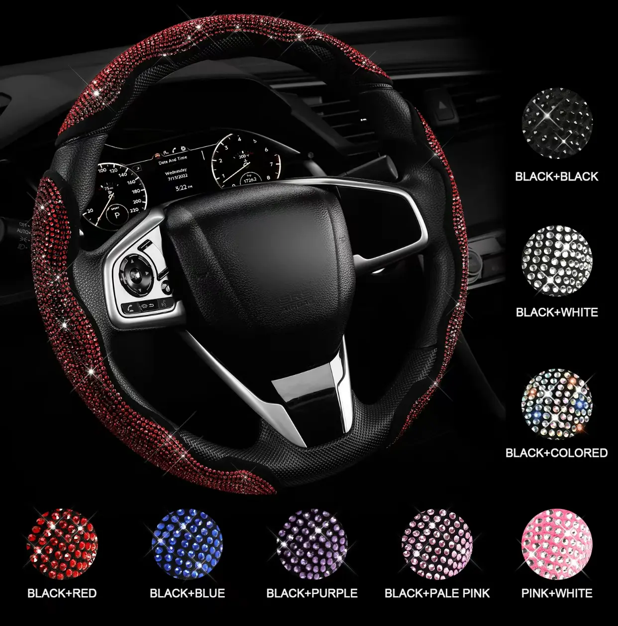 Diamond-Inlaid Car Steering Wheel Cover for Women Three-Piece Detachable Components Compatible with 99% of Vehicles Premium Automotive Accessory Enhances Style and Functionality