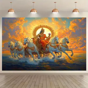 Golden Hindu God Mahabharata Canvas Print polyester Fabric Photography Backdrop & Party Banner - -Large Size Photographic Cloth, Outdoor And Indoor Party Banners, Perfect for Holiday Parties, Home Decor & Studio Props, Garage Door Hanging Decor