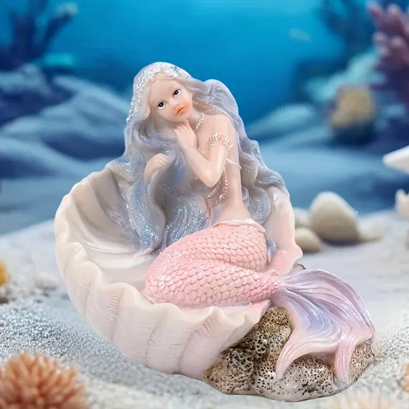 Handcrafted Resin Mermaid Sculpture, Anime Style Ocean Theme with Glittering Scales and Pearlescent Shell Base, Indoor Outdoor Decor for Home and Office