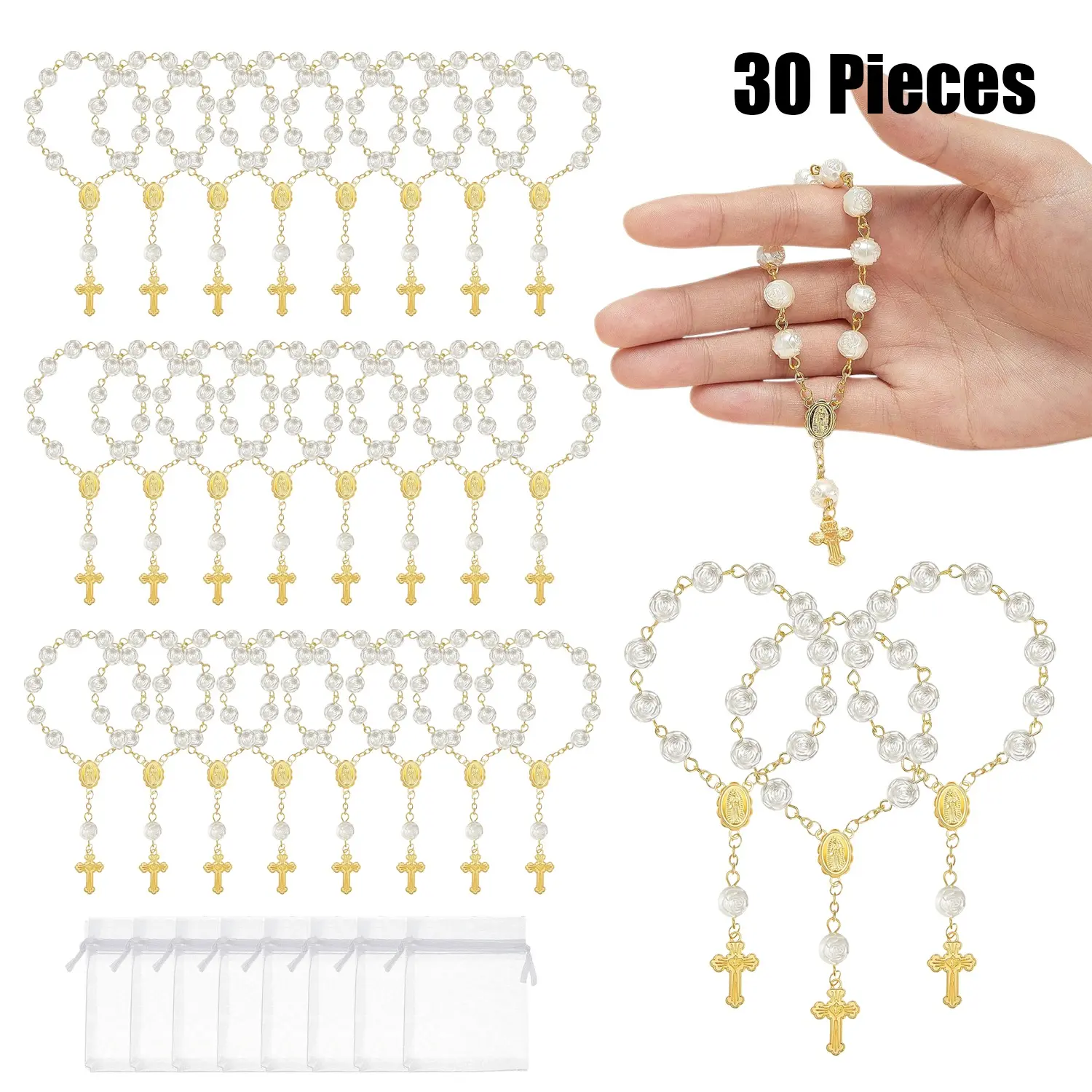 30 Pieces Lightweight Portable Metal Mini Ivory Acrylic Rosaries with Faux Pearls & Organza Bags - Religious Gift for Christening Baptism Party Favors, Fashion Costume Jewelry Accessory