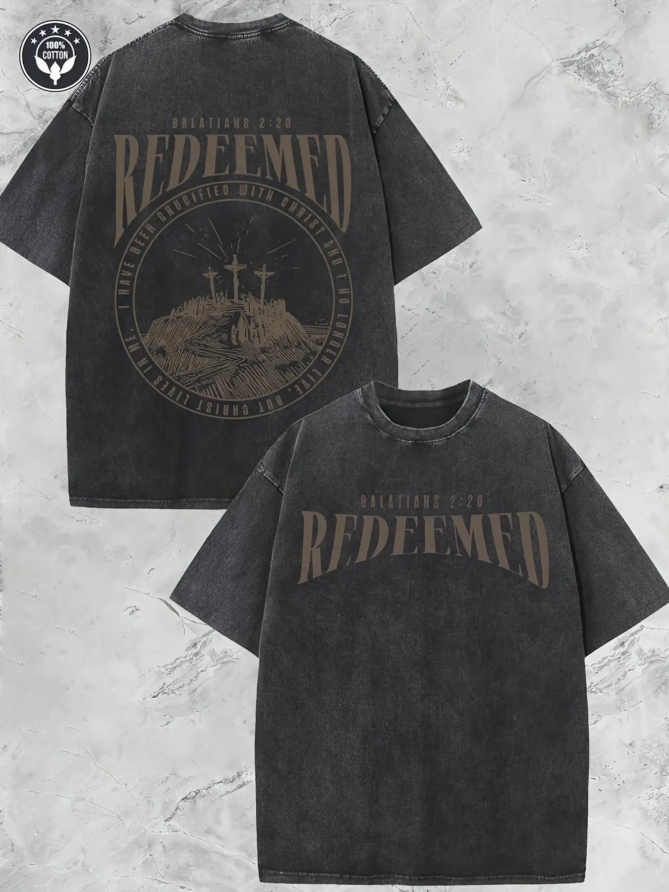 Men's Vintage Washed Redeemed Christian Cross Graphic T-Shirt 100% Cotton 220gsm Double-Sided Print Oversized Loose Fit Short Sleeve Crewneck Summer Casual Streetwear Faith Based Scripture Design Soft Breathable Machine Washable Daily Wear Top