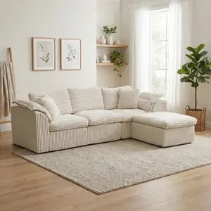 [Multi-Package Shipping] L-Shaped Boneless Modular Sectional Sofa with Ottoman & Pillows | Deep Seat Cloud Couch, Removable Covers, Soft Cushion Support High Back Linen Beige Living Room Furniture family corduroy memory x