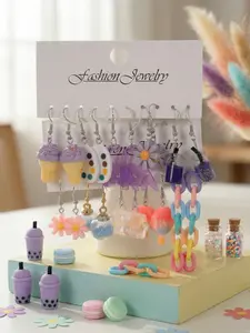 20pcs Women's Fashion Earrings Set, Fun Series Ice Cream Flower Design, Fluorescent Small Bottle Ear Jewelry, Trendy Accessories