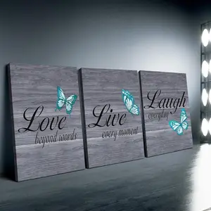 Room Decor Wooden Framed Inspirational Butterfly Triple-3pcs Set Teal Canvas Wall Art with Love and Smile Pattern Modern Classic Home Office Or Dorm Decoration Gift Hanging Easy to Hang UV Resistant Inks
