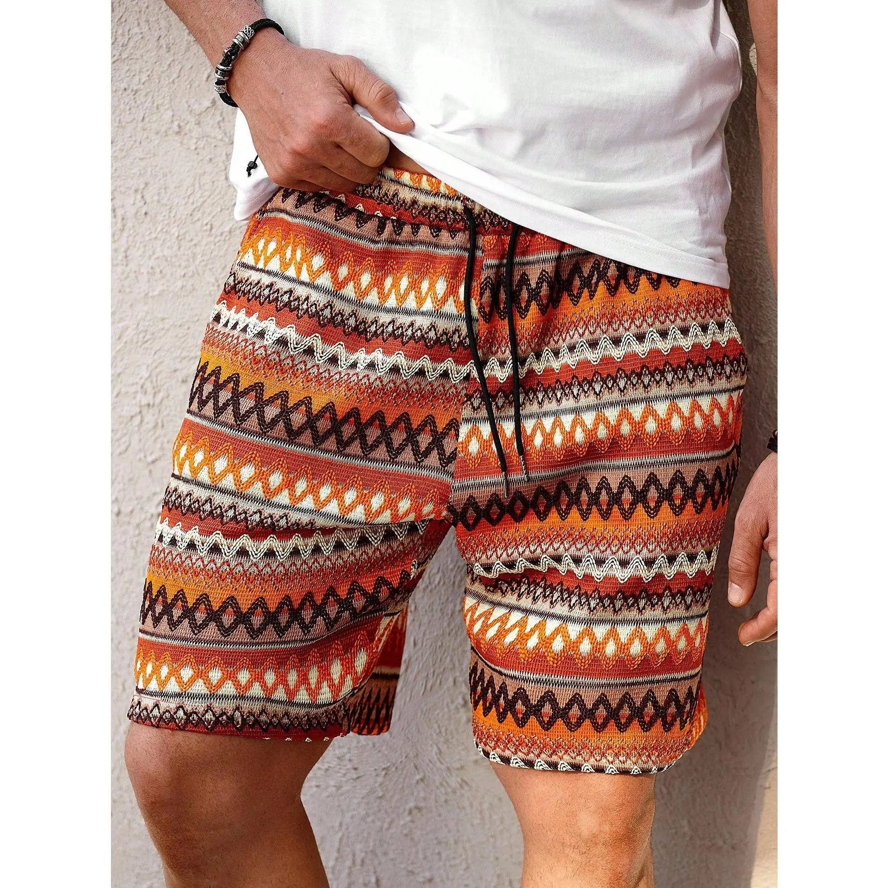 Men's Relaxed Fit Tropical Menswear Beach Shorts - INS-Style Bohemian Orange Multicolor Geometric Horizontal Striped, Crochet-Knit Textured Jacquard Fabric, Elastic Waist, Ideal for Seaside Vacations