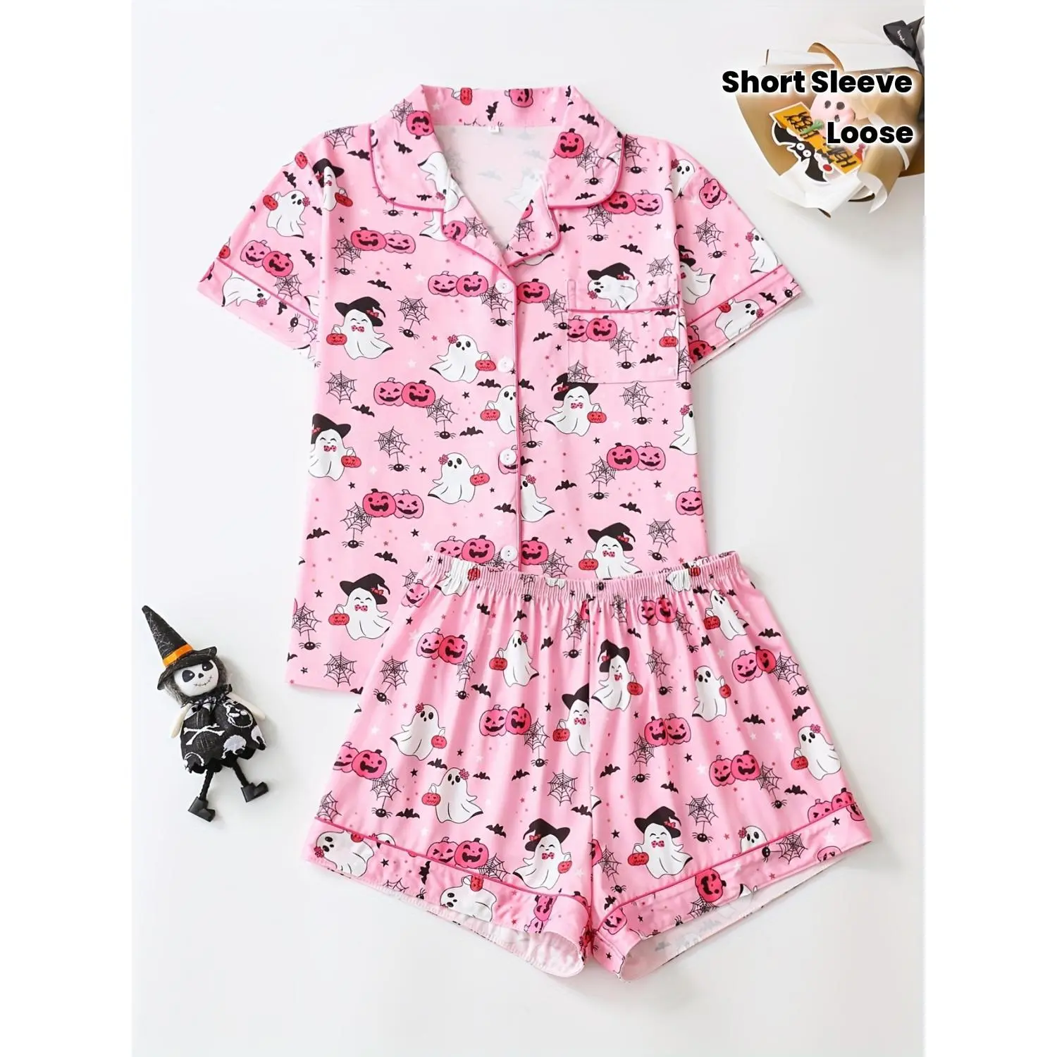 Two-Piece Pink Halloween Print Women's Pajama Set, Lapel Button Short Sleeve with Loose Comfy Shorts, Elegant Sleepwear for Ladies