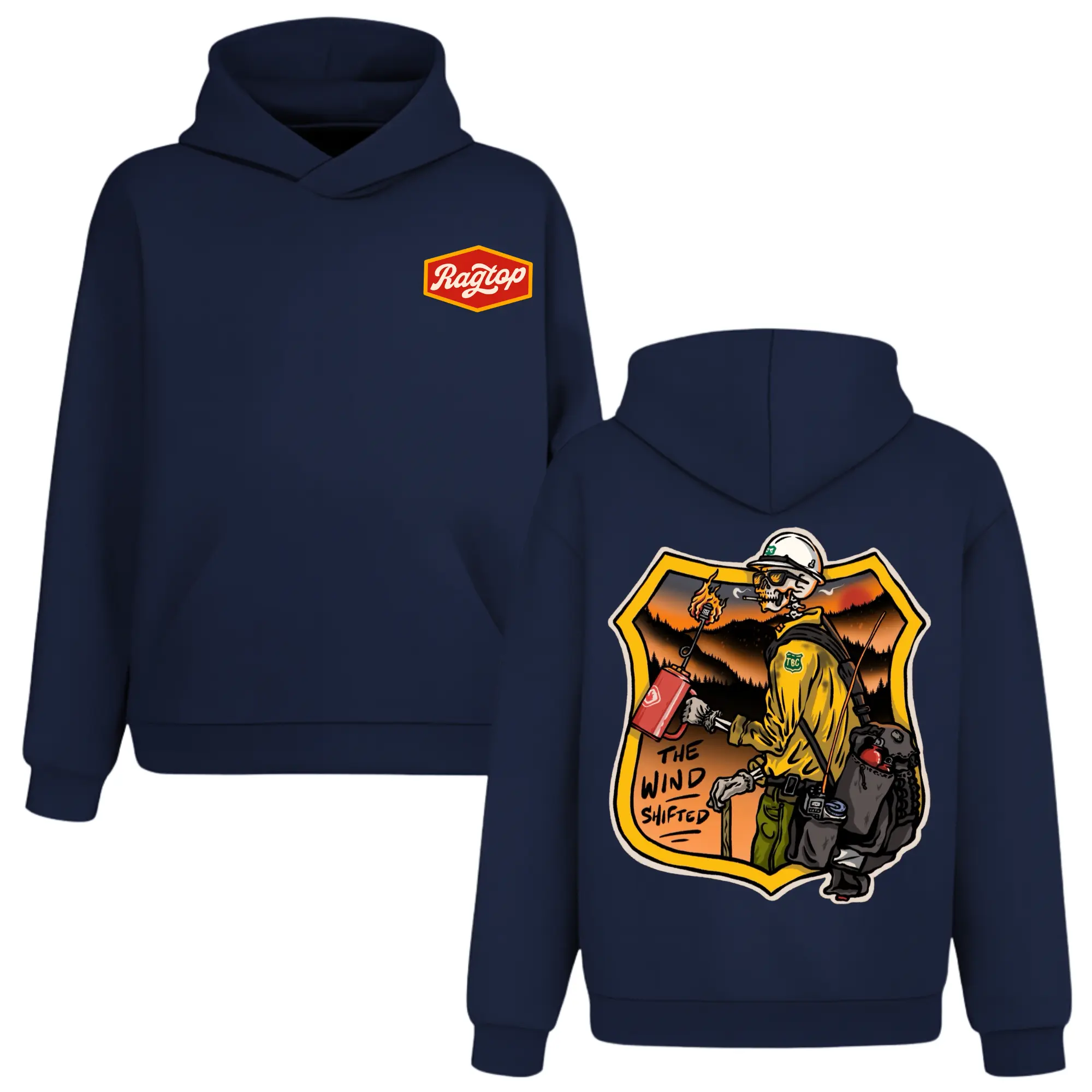 The Wind Shifted Wildland Firefighter Skeleton Hoodie, 2 Sides, Wildfire Firefighting Smoking Skull Graphic Tee
