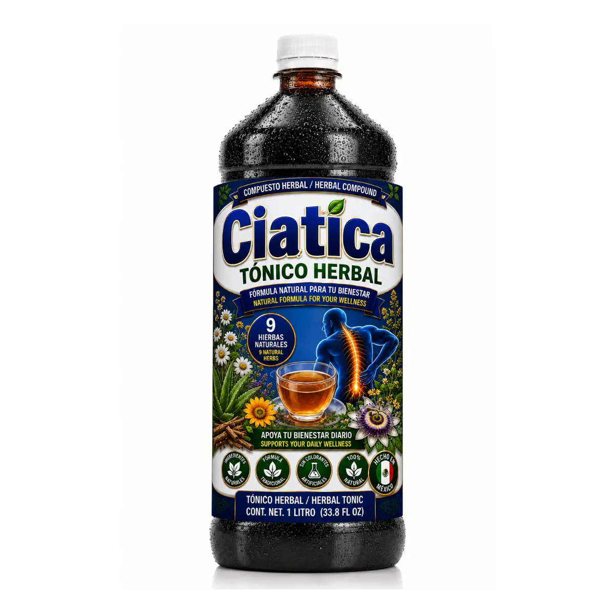 Ciatica Tónico Herbal 1 Litro (33.8 fl oz) – Traditional Herbal Blend con Tomillo, Curcuma, Ortiga, Pasiflora & More – Mezcla Herbal Tradicional – Hecho en México
