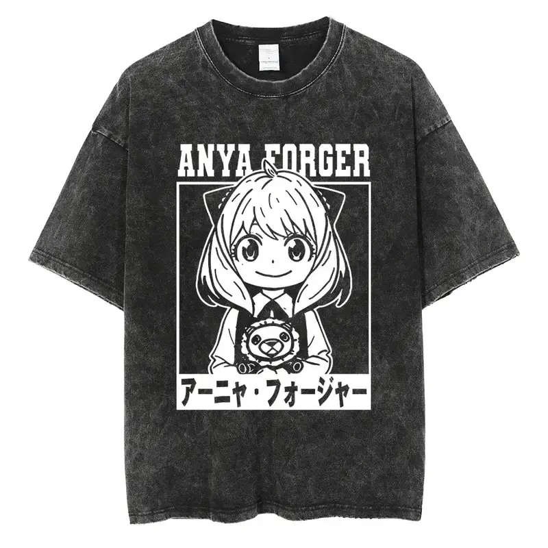 KM 100% Cotton BANDAI Spy X Family Anya Forger Retro Vintage Washed T-Shirt - Menswear Unisex Aesthetic Vibe Street Style Breathable Casual Daily Tees