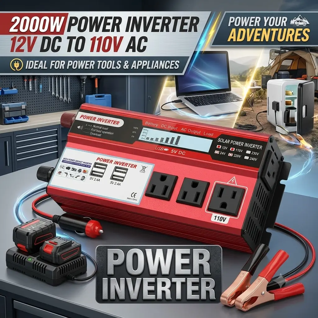 Portable Pure Sine Wave Peak Power Inverter DC 12V to AC 110V Equipped with Clear LCD Digital Monitor and Four Fast Charging USB Interfaces, Mobile Vehicle Power Suitable for RV, Yacht and Long-distance Road Trips, Battery Not Included
