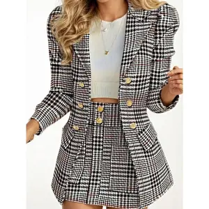 2025 new elegant Thousand Bird Grid printed suit set, double breasted lapel bubble sleeve suit jacket and high waisted hip hugging mini skirt set, women's clothing