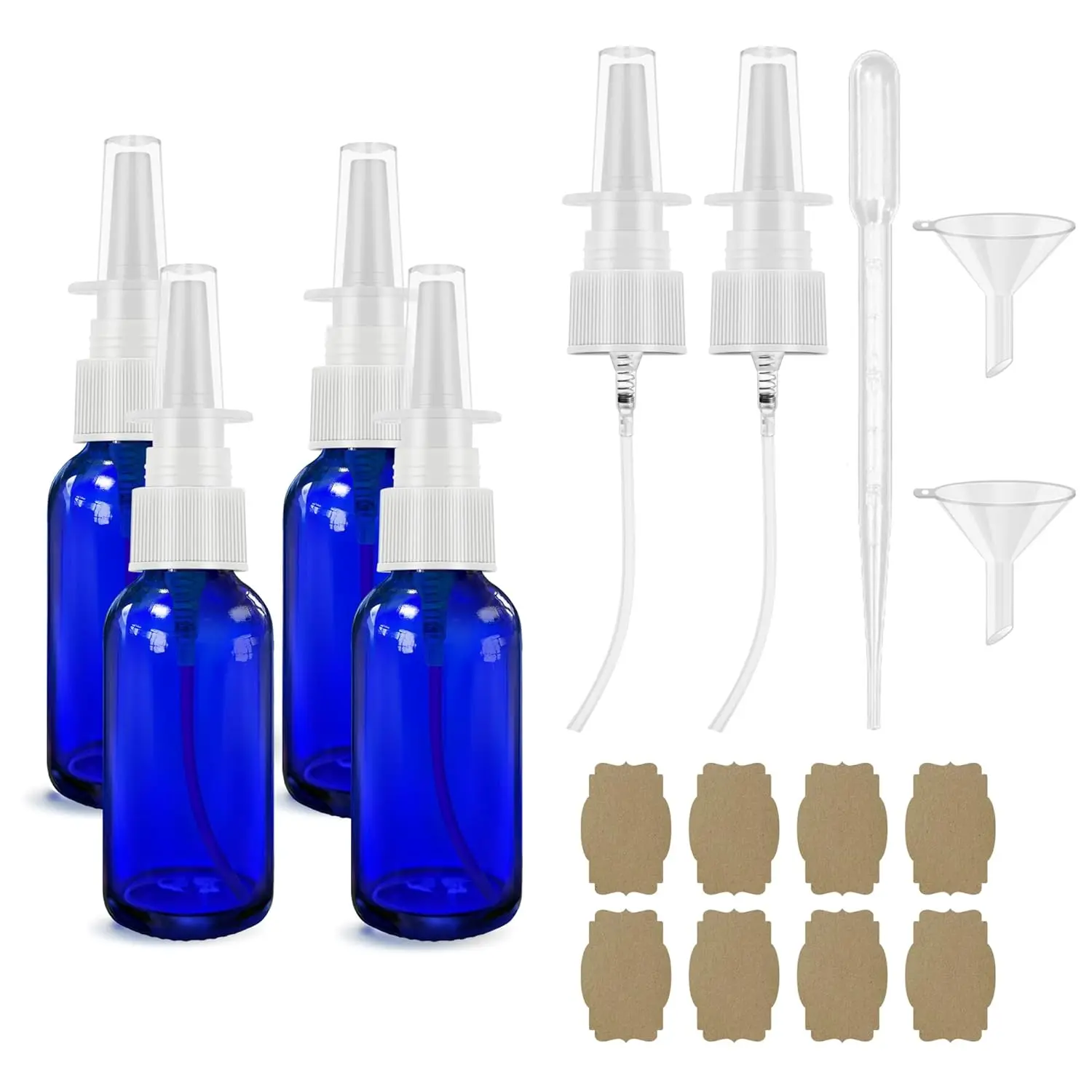 Nasal Spray Bottle Spray Glass Bottles 4 count 1oz (30ml) with Press Spray  Refillable Portable Fine Mist, funnel, dropper,label, empty nose spray glass bottle blue nasal spray bottle