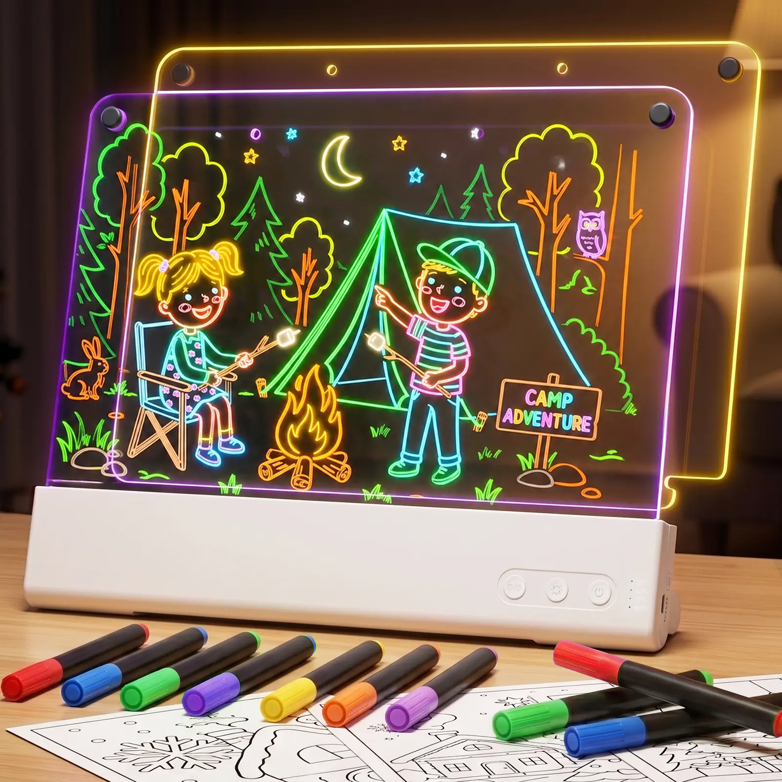 ASPOVEN-Rechargeable 16-Inch 2-Layer LED Drawing Board for Kids, Glow Doodle Pad with Dynamic Light Effects, 9 Lighting Modes & 7-Color Neon Display, Creative Gift for Boys and Girls