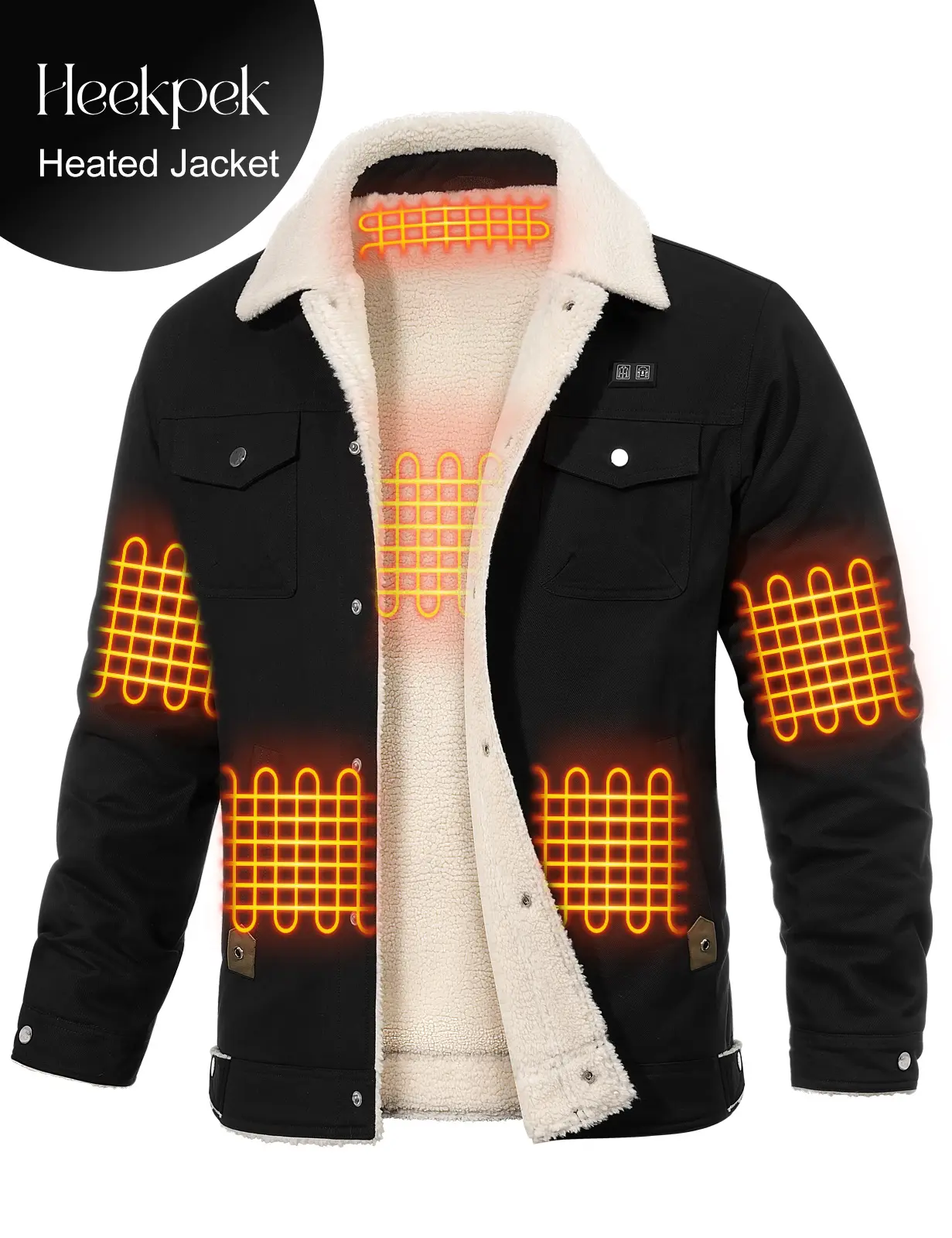 HEEKPEK Men's Soft Heated Jacket - 18400mAh Long-Lasting Battery, 5-Zone Heated Fleece Sherpa Lined Long Sleeve Casual Menswear Clothes for Outdoor Activities Cold Weather, Cold Weather Coats, Tops, Heating, 5-Zones, Collared Neck