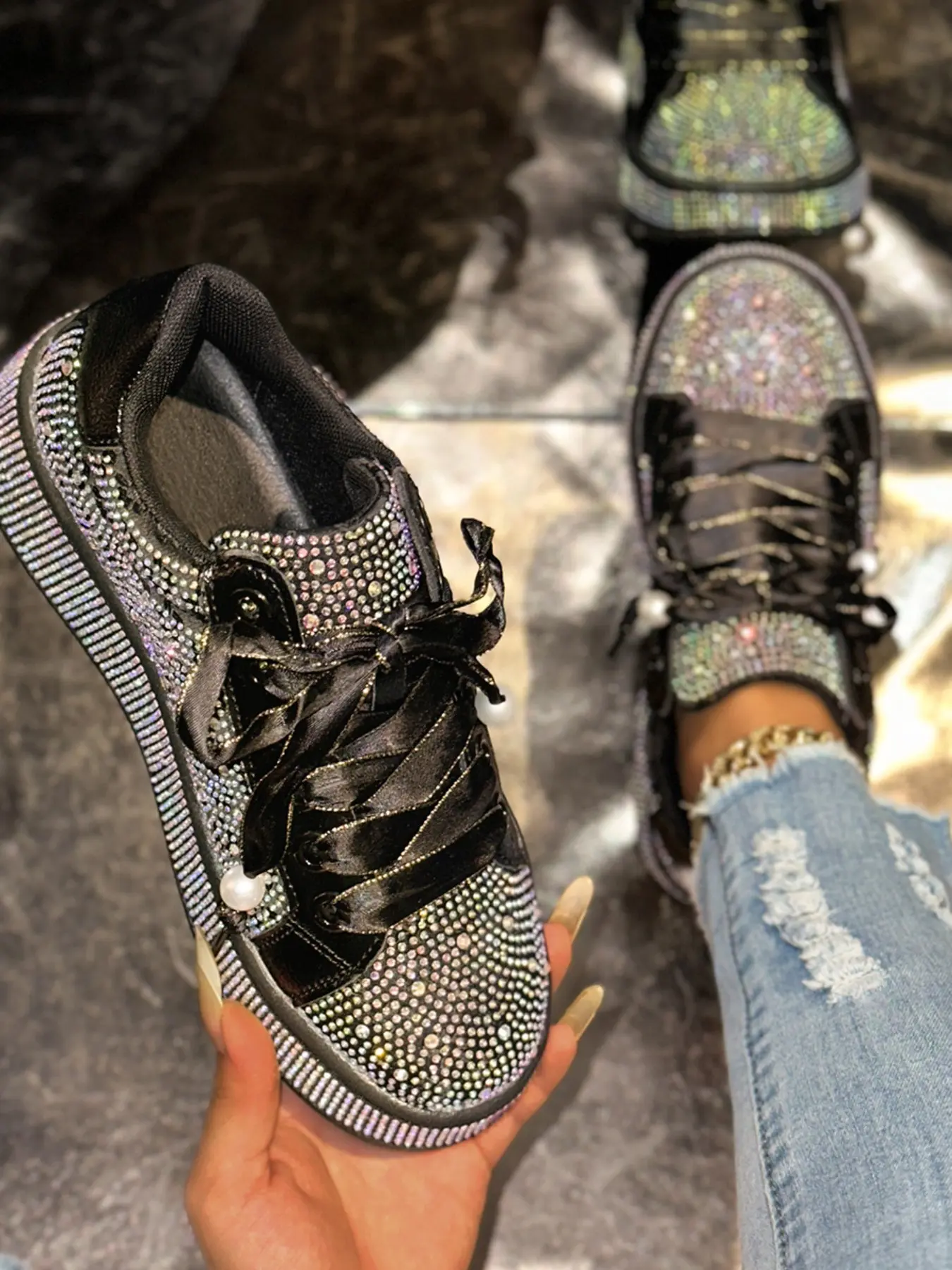 Full Rhinestone Sneakers, Webbing Casual Board Trainer Shoes, Thick Sole Height-Boosting Sequin Women's Shoes, Sports Shoes, Rhinestone Embellished Sneakers