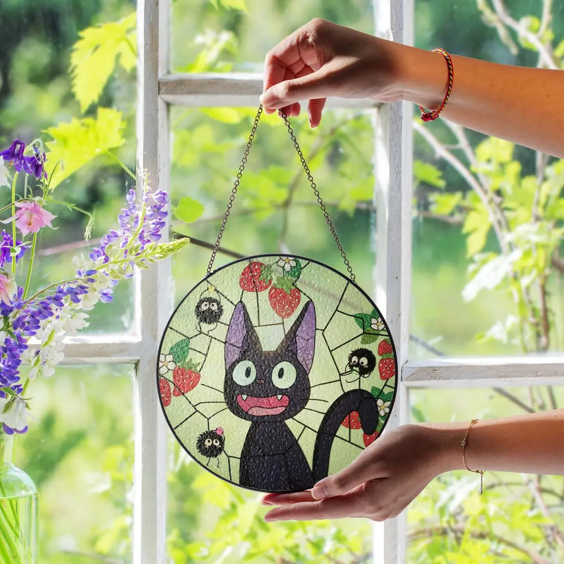 Jiji Cat Stained Glass Suncatcher, Ghibli Studio Suncatcher Window Hanging, Anime Lover Gift, Jiji Cat Anime Decor Stained Glass Suncatcher