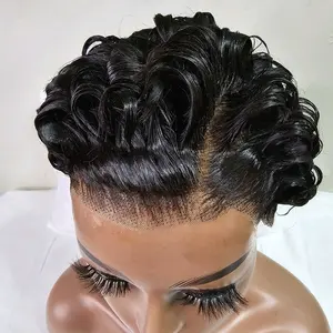 Short Curly Pixie Cut 13x4 Lace Front Wig Human Hair Wigs 13x4 HD Lace Frontal Wigs Short Layered Curly Glueless Wig Pre Plucked Deep Wave Pixie Cut Human Hair Wigs for Black Women, Natural Black