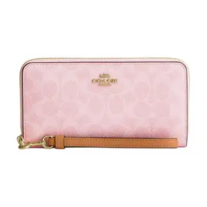 COACH Zip-Around Wallet with Coated Canvas and Leather Accents for Women in Pink Gold