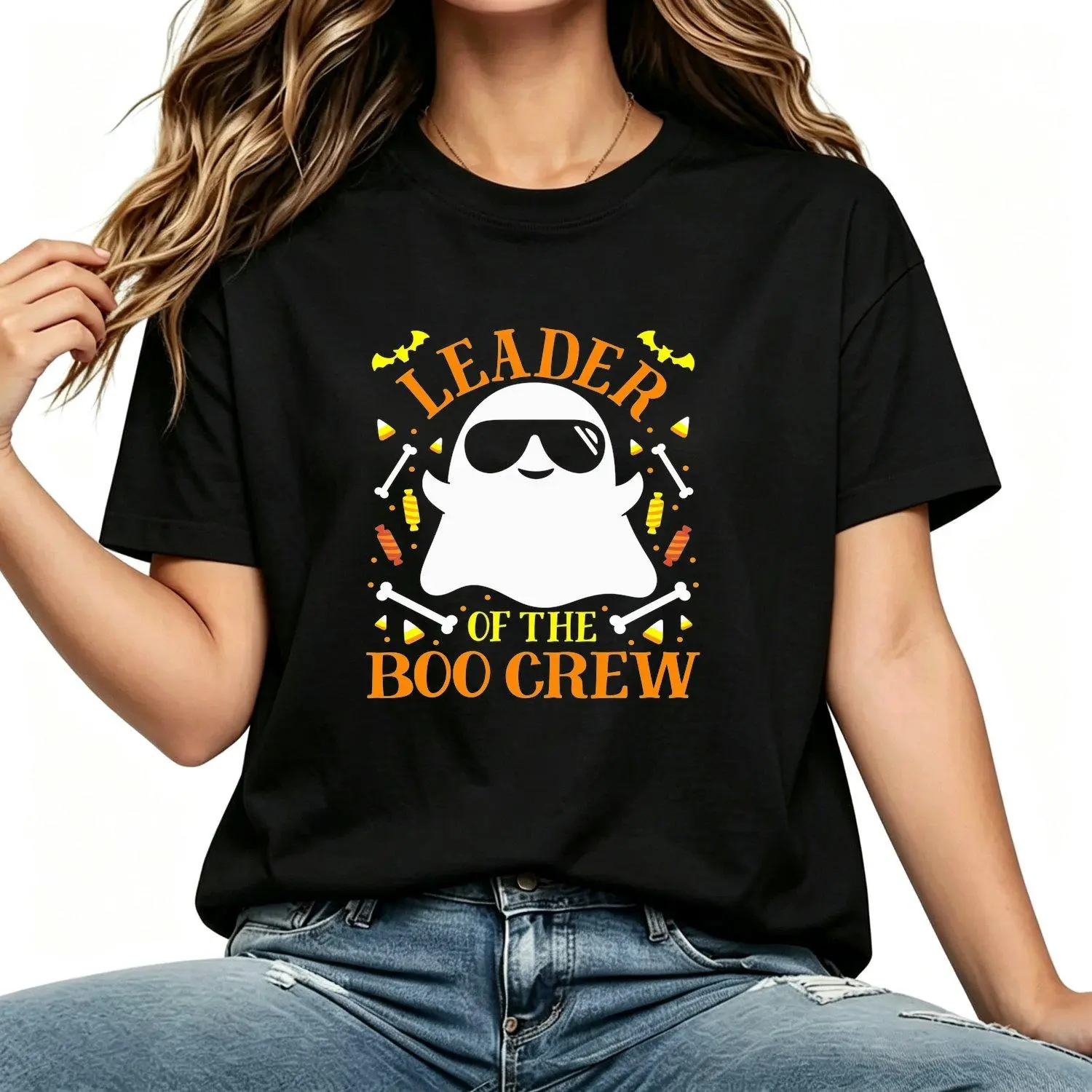 Women's Shortsleeve Round Neck T-Shirt - Boo Crew Matching Halloween Costume Top with Spooky Ghosts, Bats, Candy Corn Design, Casual Party Wear, Machine Washable Womenswear