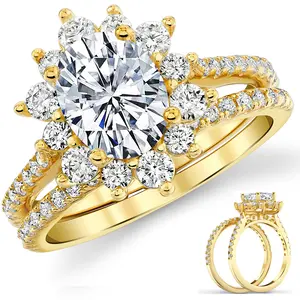 3Ct Oval Moissanite Bridal Set Vintage Victorian Halo Engagement Ring 18K Gold over Sterling Silver