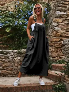 【Plus Size】 Solid Color Pinafore Dress, Casual Boho Chic Sleeveless Long Dress for Daily Wear, Women's Clothing for All Seasons