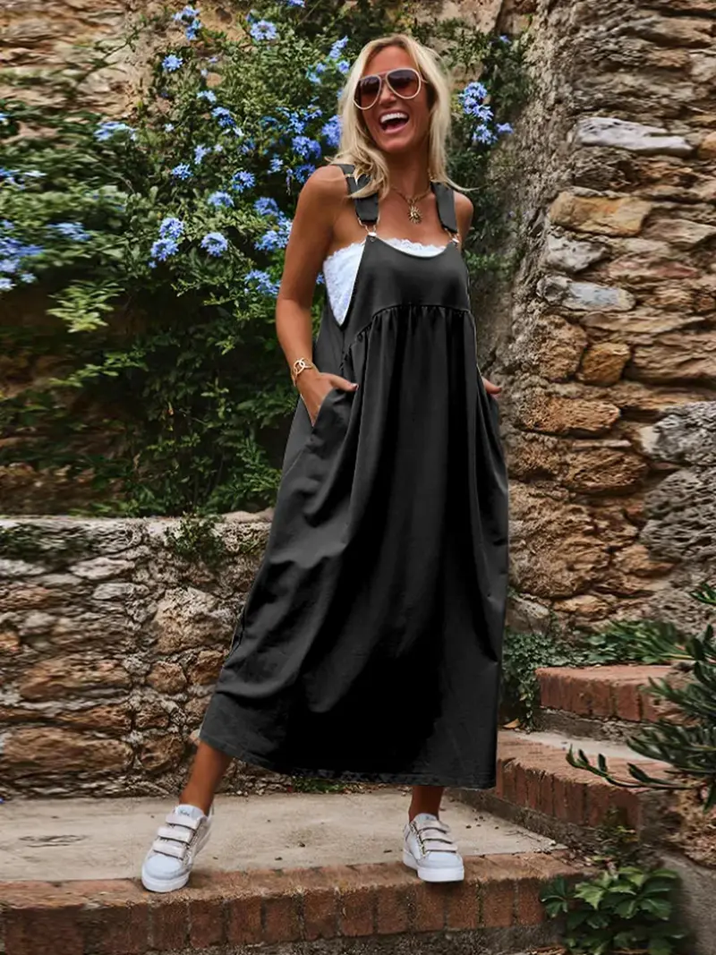 knee length dresses for ladies Pleated Georgette Pinafore Dress – La Garçonne main image 0