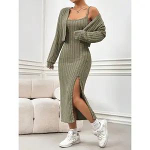 Women’s Fleece Ribbed Sweater & Casual Simple Overalls Dress, 2-Piece Set, Fabric Fit