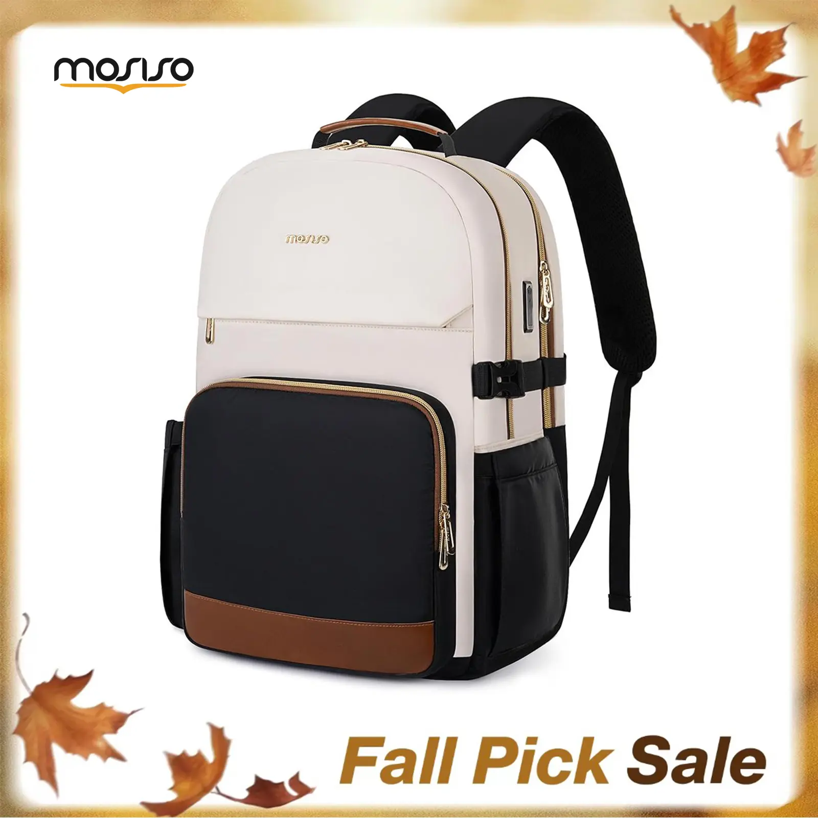 MOSISO Unisex Adult Laptop Backpack - 17.7x12.6x8.3in Plain Beige Casual Travel Pack, Airline-Approved Carry-On, Backpacks for School, with USB Port, Adjustable Straps, Zipped Access, Anti-Theft Back Pocket