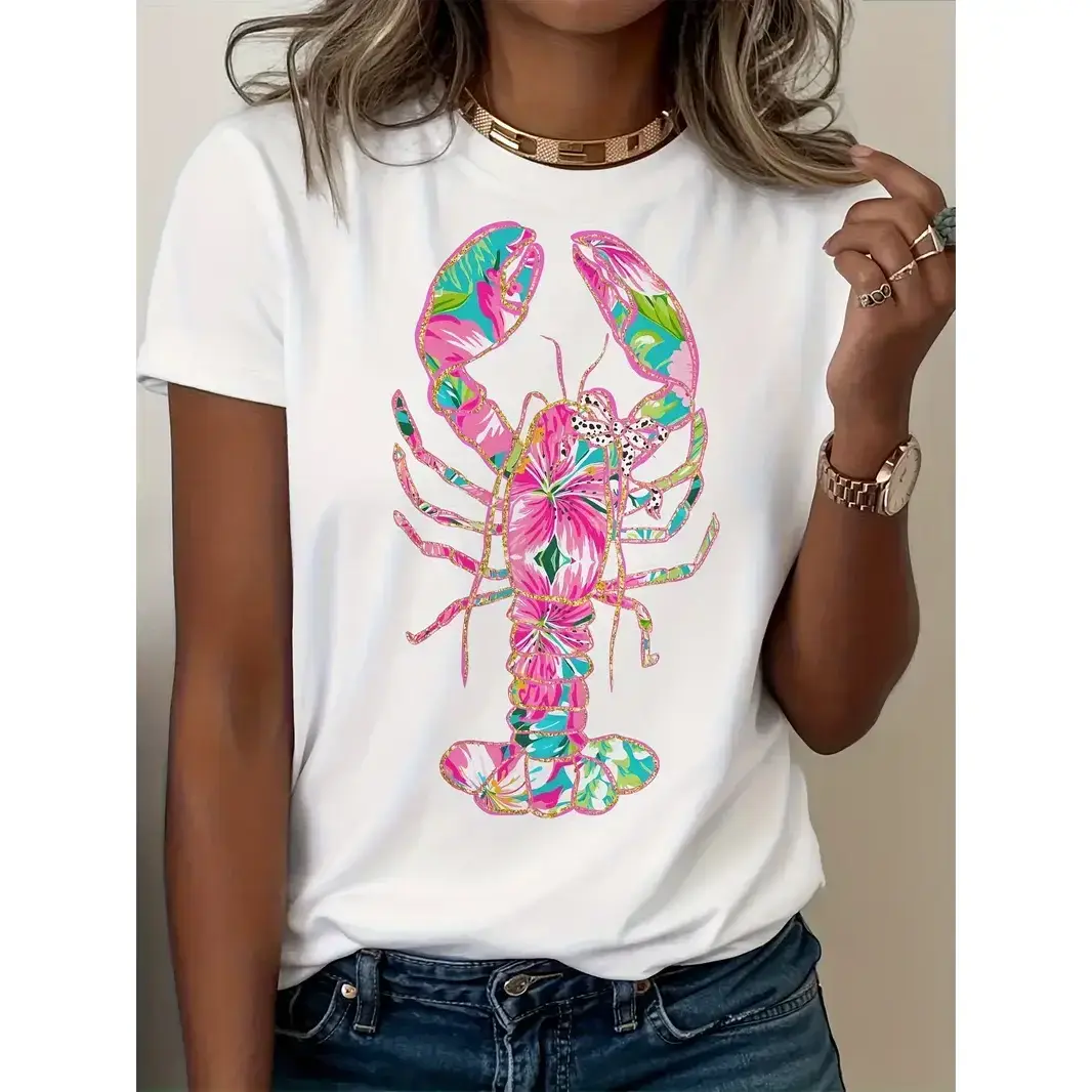 Women'S Lobster Pattern T-Shirt- Soft Pink And Turquoise Coastal Print Loose Fit Short Sleeve Round Neck, Lightweight And Breathable Summer Beach Party Top, Vibrant Lobster Design