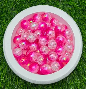 16MM Hot Pink Clear Two-Tone Iridescent Crackle Acrylic Beads – 5 Piece Pack