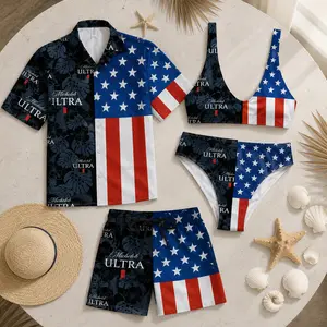 Matching Couple Swimwear Set - Michelob ULTRA American Flag Hawaiian Tropical Leaves Bikini Top & Bottom, Button Shirt Swim Trunks, High-Quality Polyester, Perfect Gift for Couples Summer Vacation