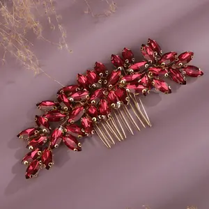 Women Dainty Simple Full Rhinestones Hair Comb,  Red, 15 *6cm/5.9 *2.36 inches, Alloy+Rhinestones, 1 Count, for Women Bride Girls and Special Occasions