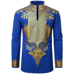 Men's African standing collar long sleeved shiny pattern print dazzling shirt ethnic elastic Father's Day boyfriend gift Father's Day shirt meme shirt funny shirt Father's Day gift BlackRAIMENTRY