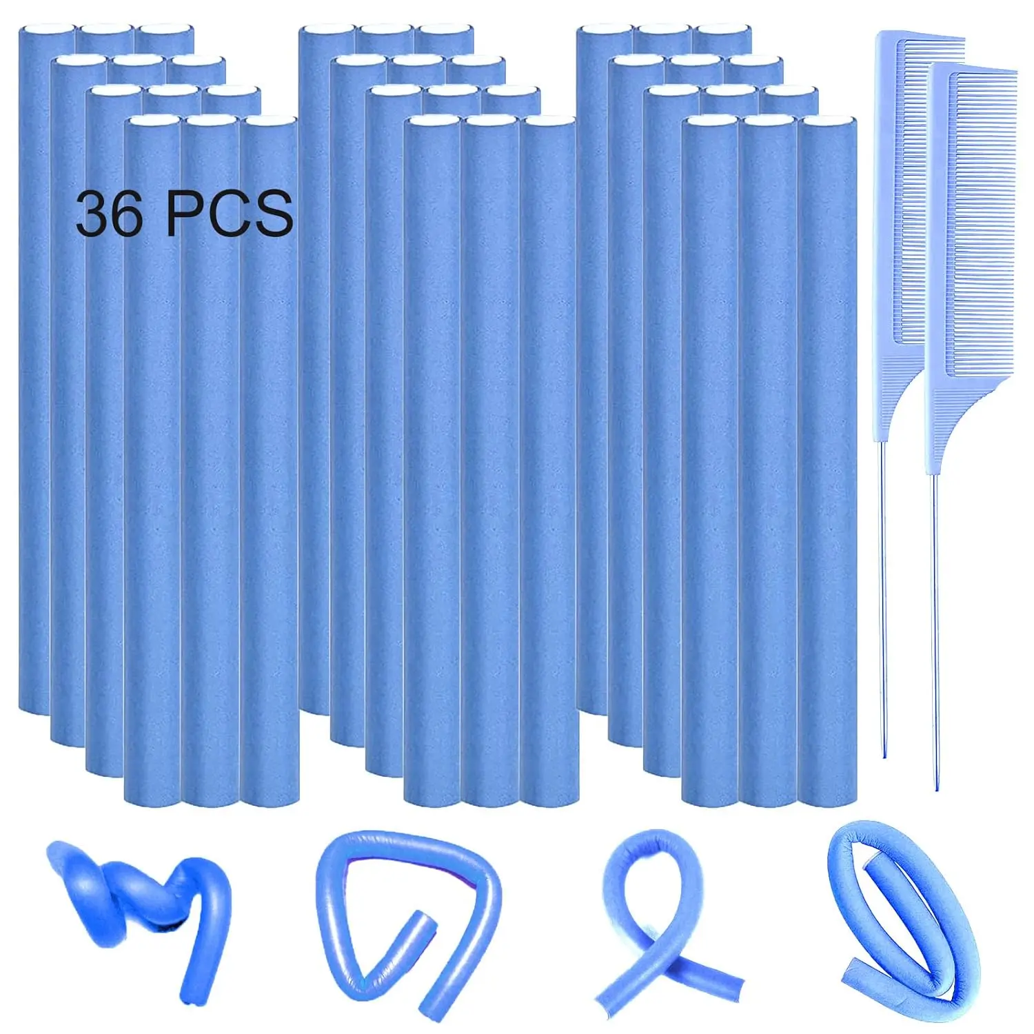 36 Rods Hair Rollers, Flexible Foam Curling Rods for Long & Short Hair Twist - No Heat Bendy Rollers with 2 Steel Pintail Combs