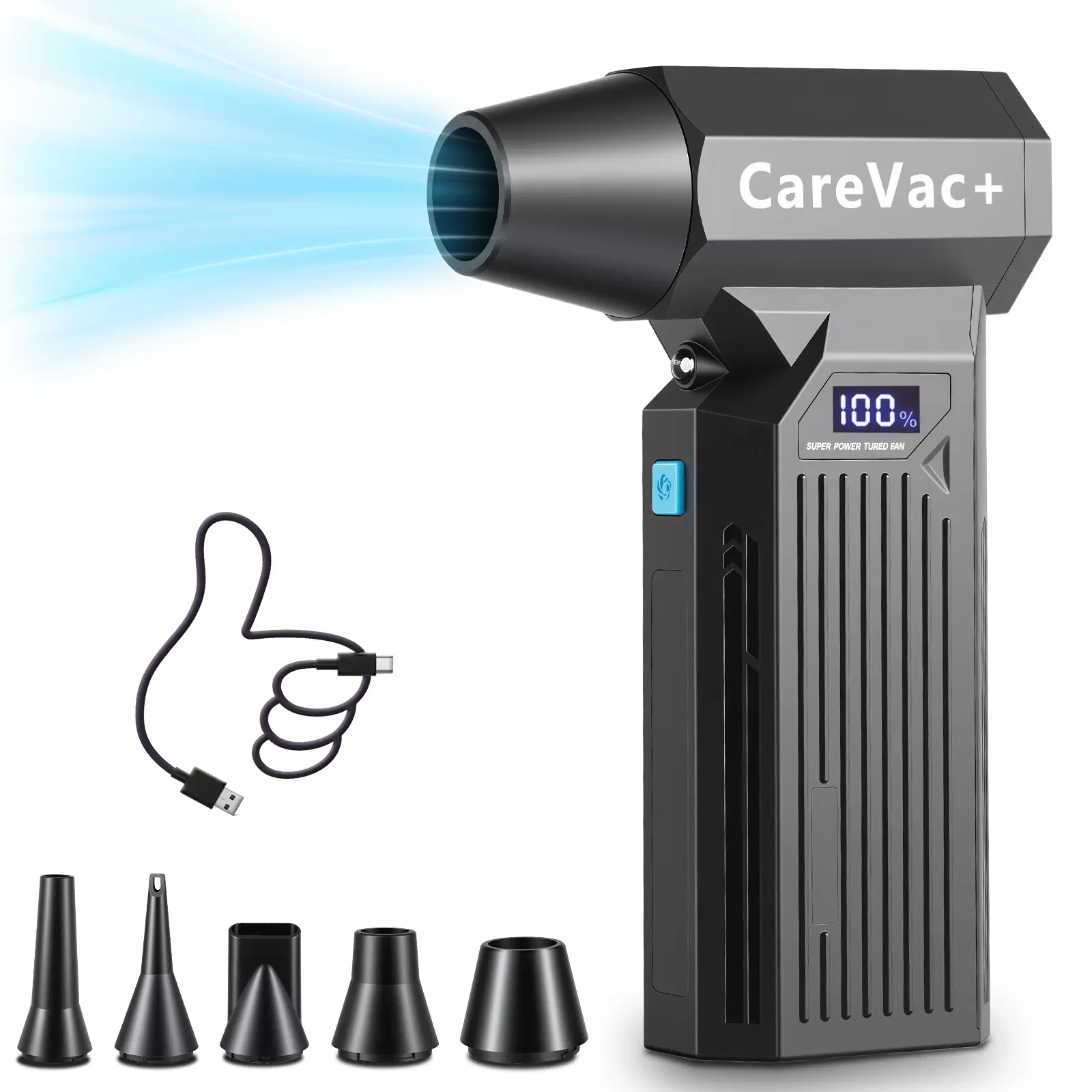 CareVac Airflex Turbo Rechargeable Electric Air Duster, 4-Speed Compressed Air Blower with LED Display, 5200mAh Battery, Portable Canned Air Alternative for PC, Keyboard & Car Detailing