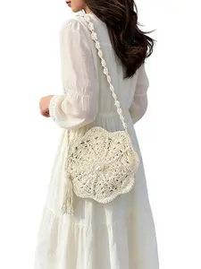 Pearl Decorated Flower Crochet Crossbody Bag, Fringe Woven Beach Shoulder Bag, Summer Vacation Style, Fashionable and Stylish Accessory, Trendy Crossbody Bag