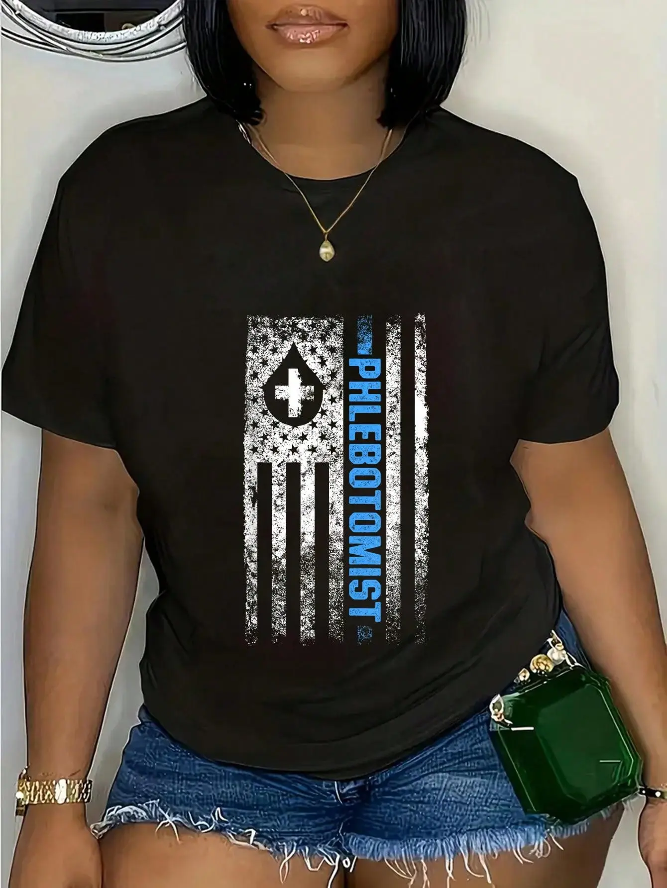 100% Cotton Phlebotomist US Flag Phlebotomy Phlebotomic Blood Doctor T-Shirt Short Sleeve T-Shirt Women's Men's Graphic Tee Causal Tops