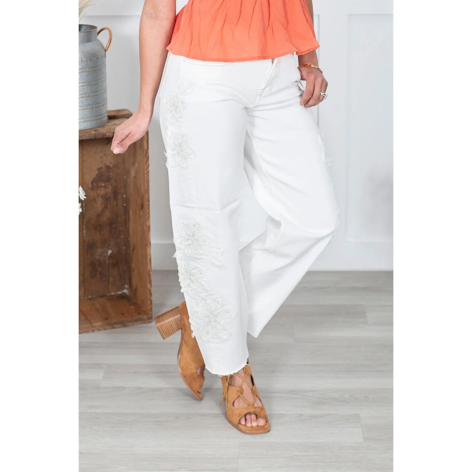 High Rise Barrel Jeans for Women & Plus Size - Tummy Control Denim with Floral Patchwork and Stretchy Cotton Fabric, Spandex, Bottoms, Pocket, Raw Hem, Elastane, Fit