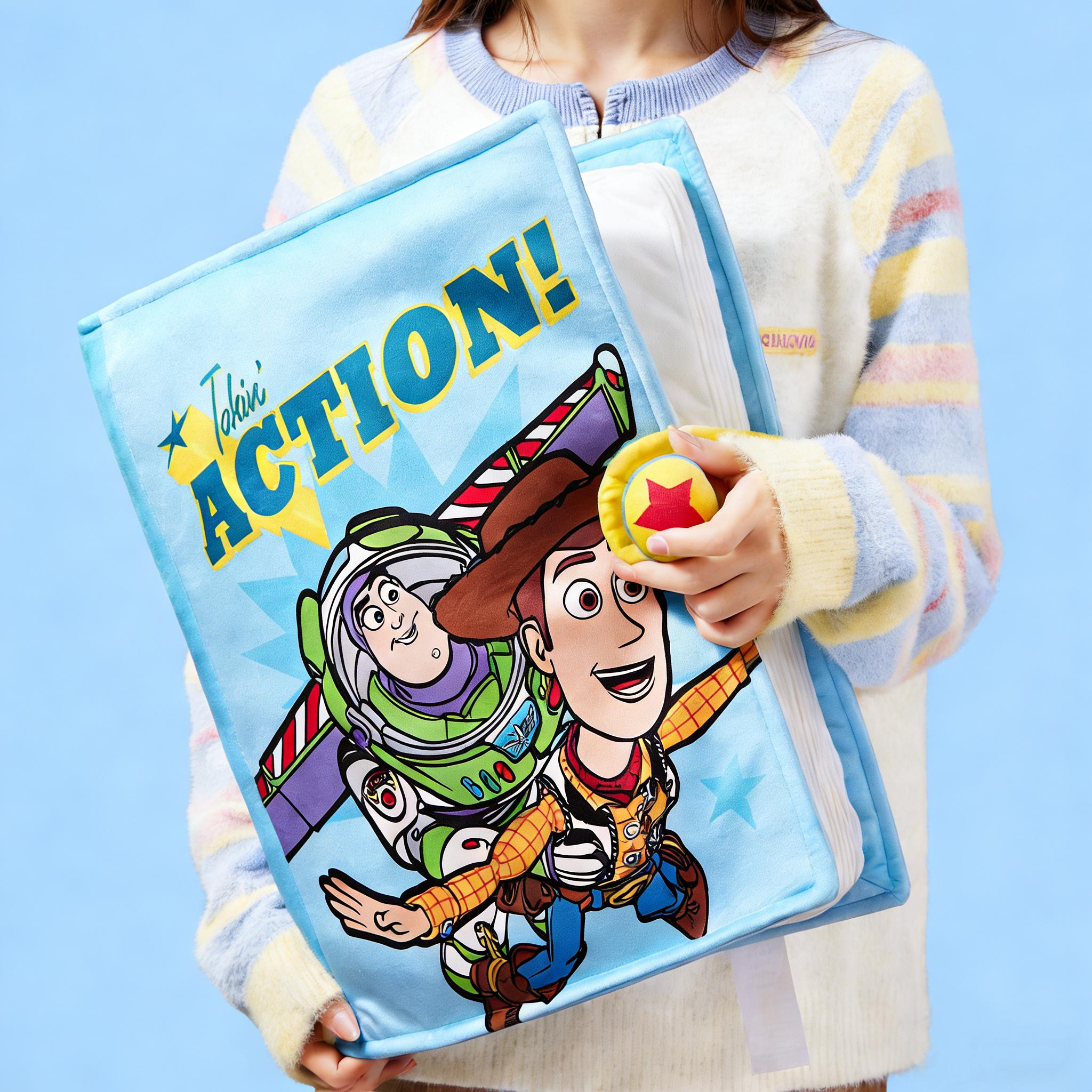 MINISO Disney Pixar Toy Story Comic Book Pillow - Official Collectible "Takin' ACTION!" Design, Soft Plush 18"x15" Cushion for Bed Sofa & Office