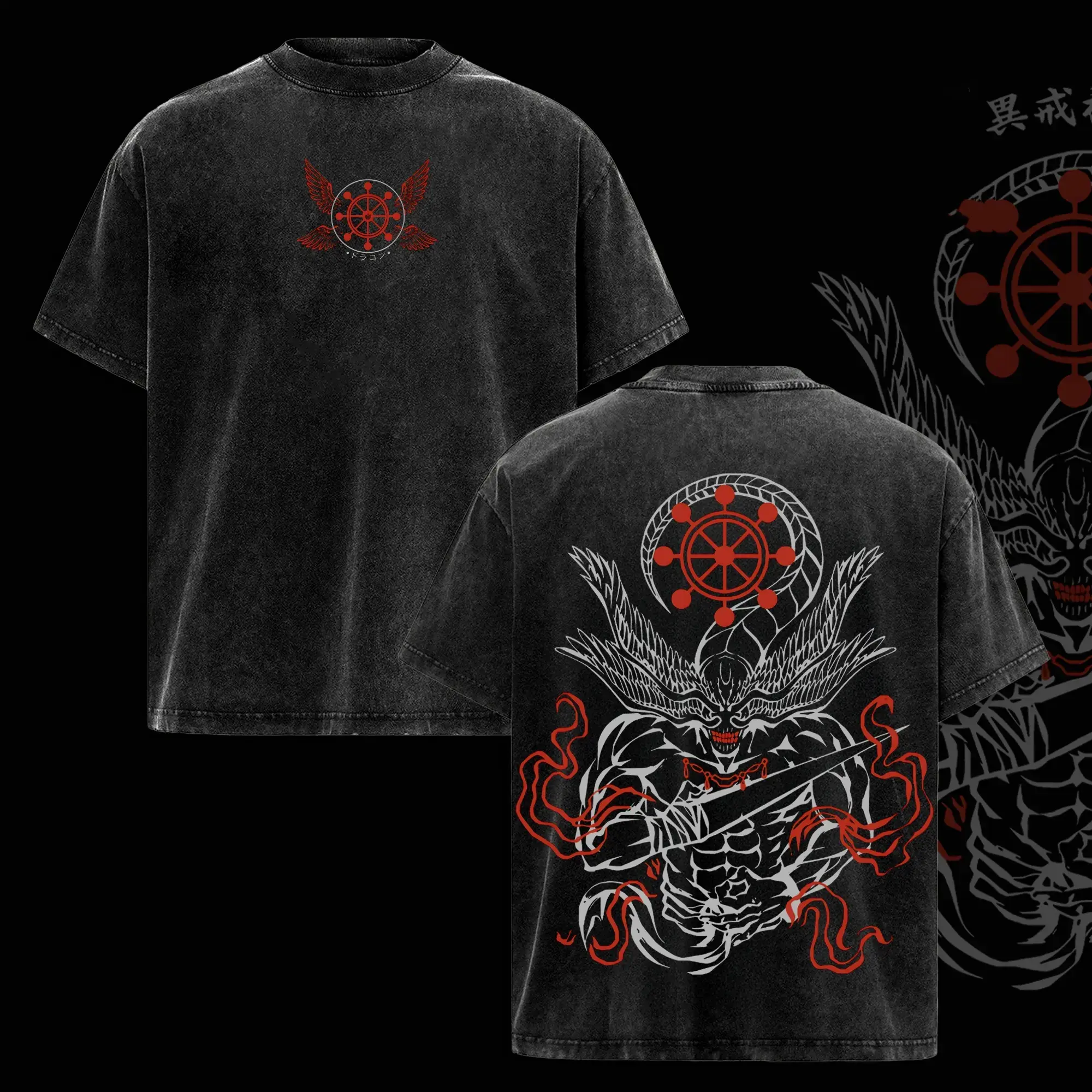 Men's Short-Sleeve Mahoraga T-Shirt - Vintage Washed Unisex Retro Loose-Fitting Jujutsu Kaisen Anime Graphic Top, Dark Cursed Spirit Stylish JJK Fashion Streetwear, Heavy Cotton Acid Wash Round Neck Casual Apparel, Gift for JJK Fans