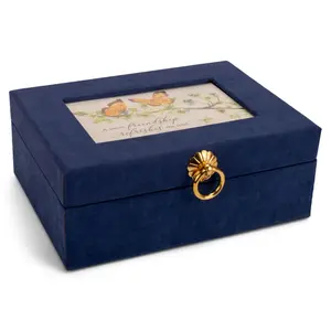 360 Stand Round Linen Music Box - Navy, Linen Fabric, Flower Decor, Butterfly Print, Jewelry Insert, Sweet Friendship Gift for Home Decor & Home Supplies