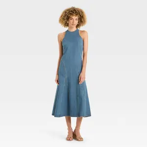 Women's Racerback Denim Midi A-Line Dress - Future Collective