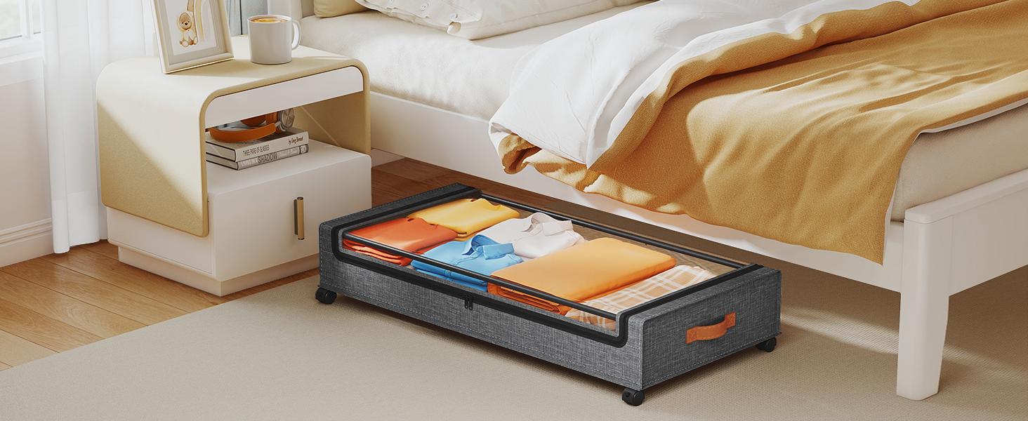 Under Bed Storage with Wheels 65L, 2 Pack Under Bed Storage Containers, Storage Containers with Clear Window, Rolling Under Bed Metal Drawer for Clothes, Shoes, Books, Hemp Grey