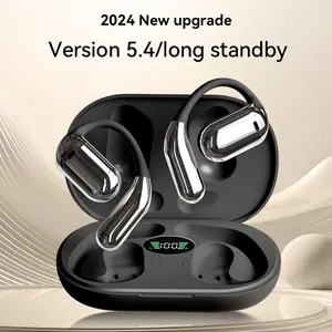 Open Bone Conduction Bluetooth 5.4 Headphones with Built-in Microphone, Comfortable Ear Hooks, LED Display, Waterproof, Black Audio Digital